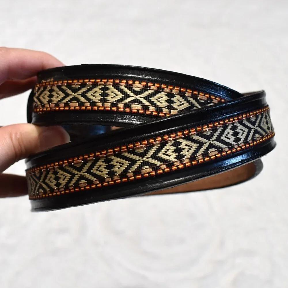 Western Black Leather Belt Sz 28 / 34 Aztec Rodeo Boho Cowboy Artisan